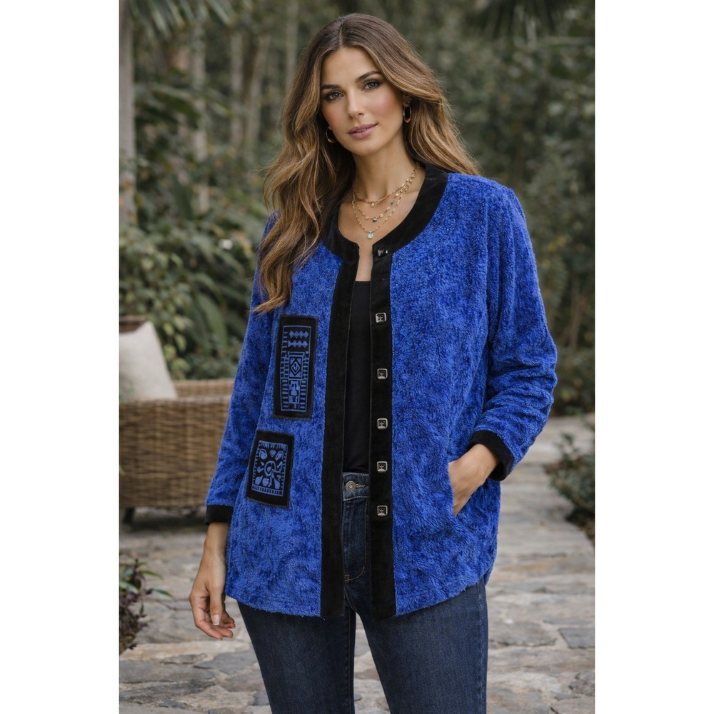 Fashion Bug Jacket Womens 18/20 Blue Chenille Velvet‎ Art Patchwork Grannycore